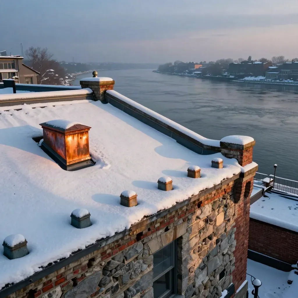 Snow-dusted Old Port loft rooftop with copper vents at dusk over the river.