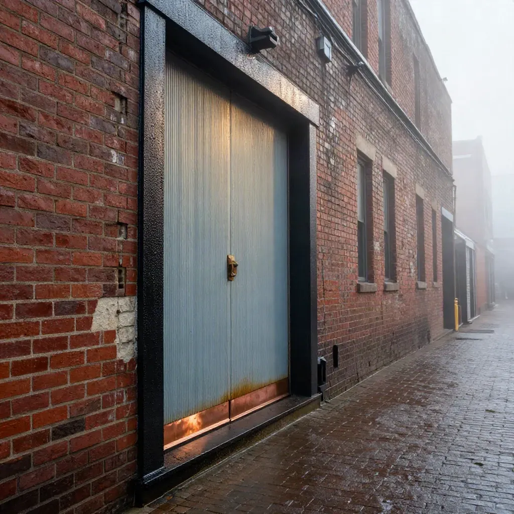 Foggy Gastown alley detail with brick, steel mullions and a vintage loading door.