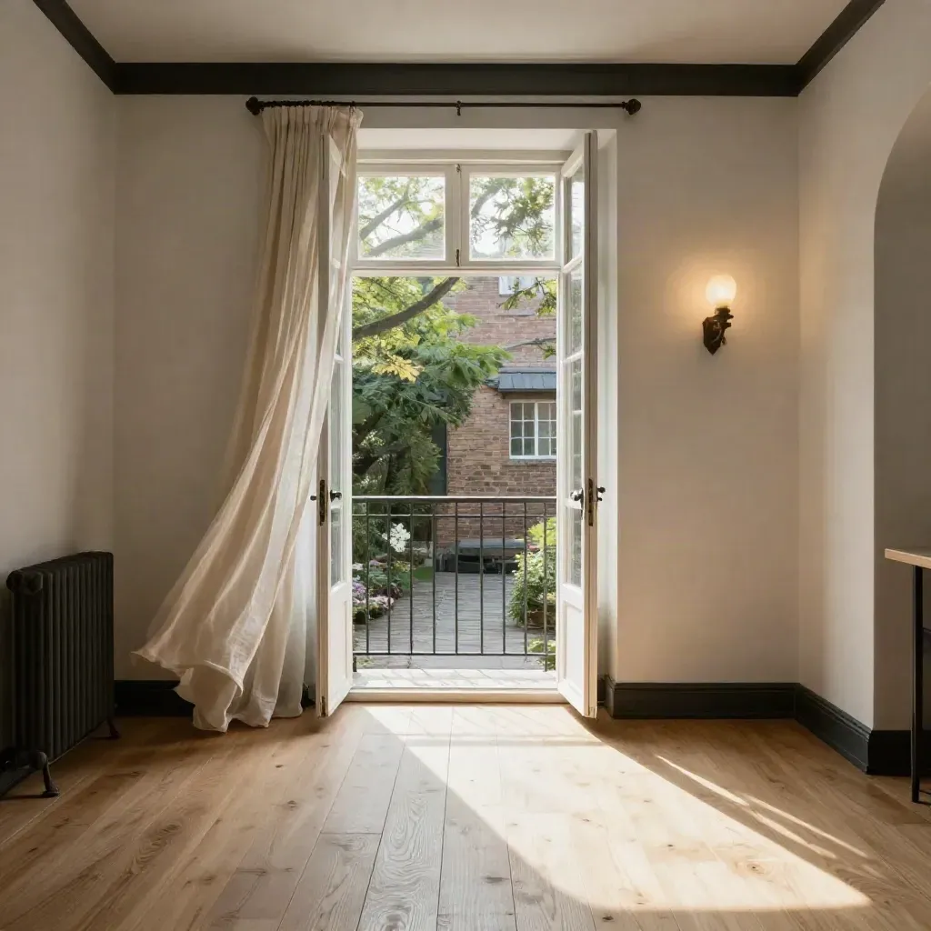 Sunlit Plateau loft interior with pale wood floors, French balcony door, curtain, and leafy brick courtyard.