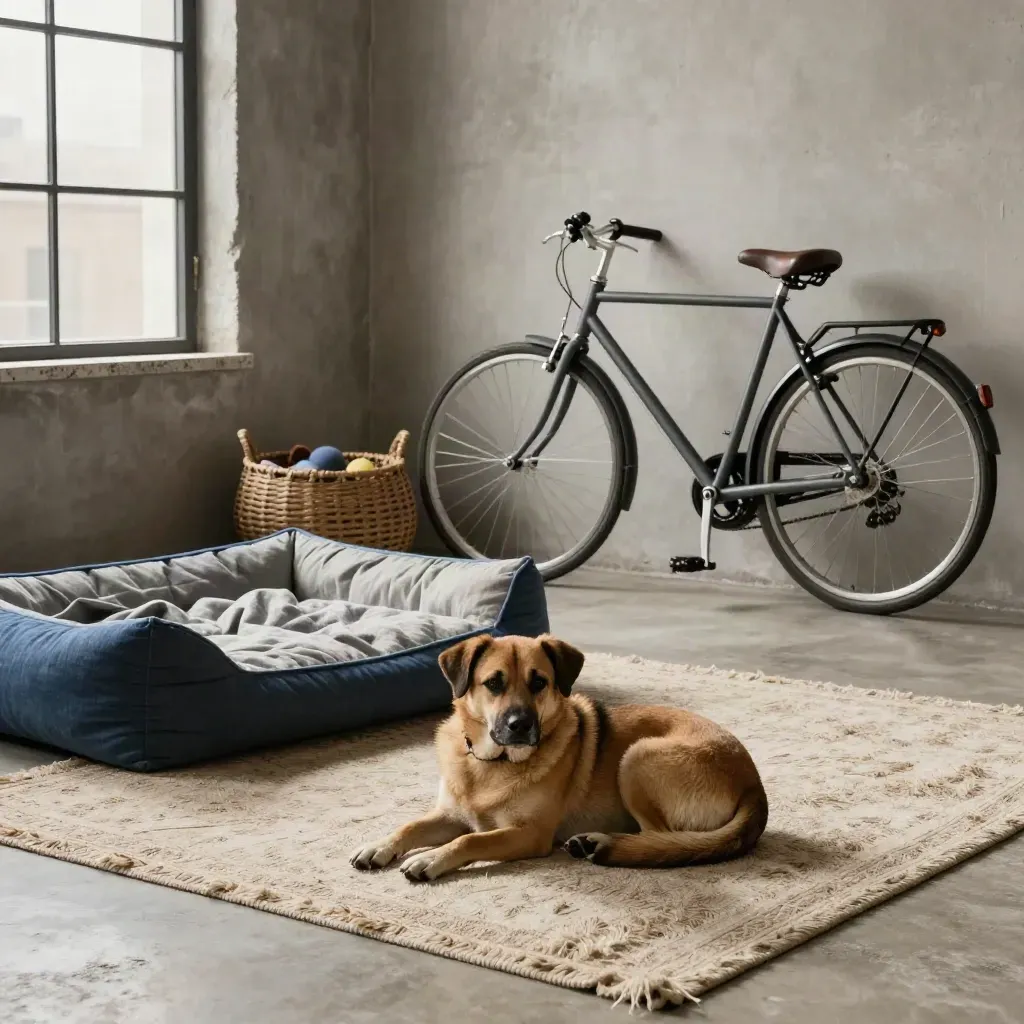 A rescue dog on a rug in a bright loft with a bike, toy basket, and dog bed by an open window.
