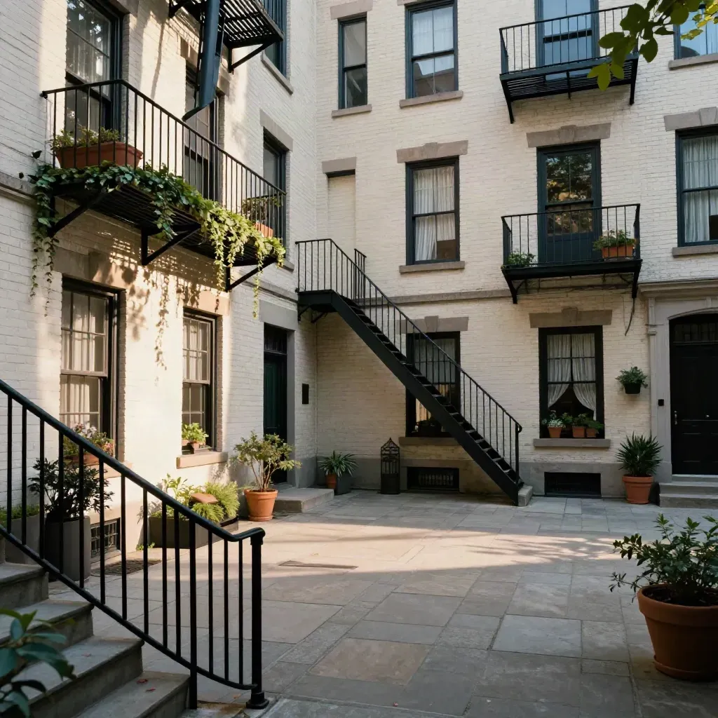 Mile End courtyard with pale brick, fire escapes, balconies, and morning sun in a loft block.