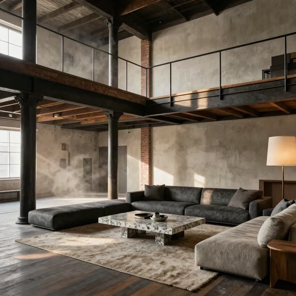 Toronto warehouse loft living room with sunken conversation pit, brick and cast-iron columns.