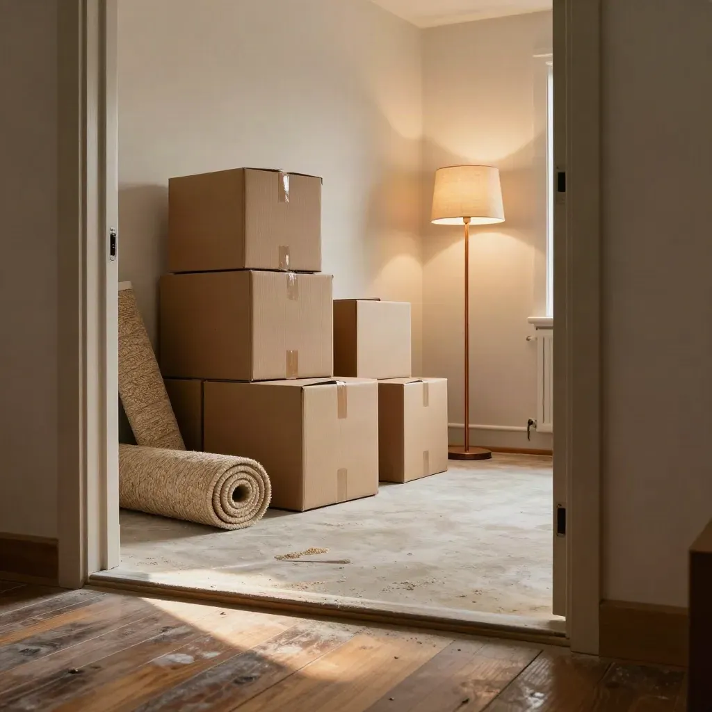 Low doorway view of an empty loft entry with boxes, rolled rug, and a copper floor lamp in sunlit dust.