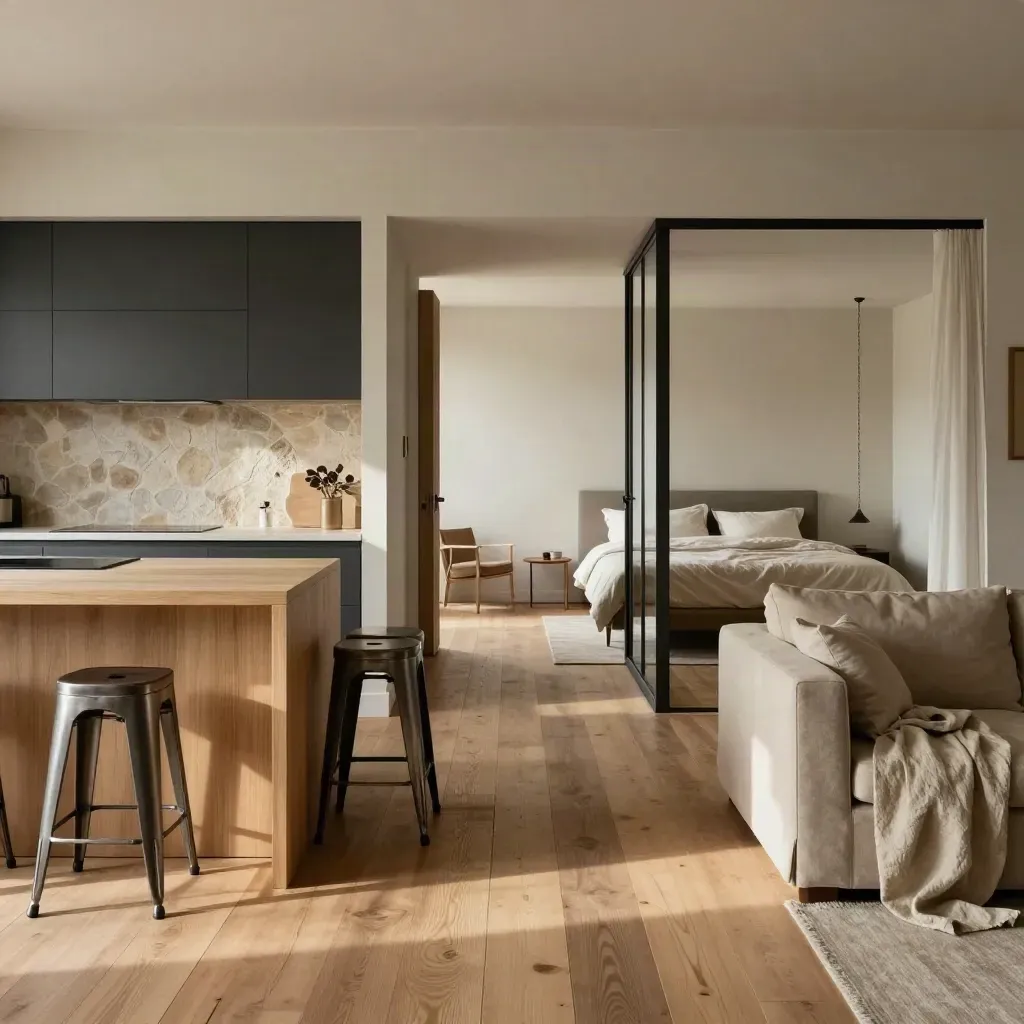 Loft interior sightline from kitchen to bedroom with a sliding glass partition mid-glide.