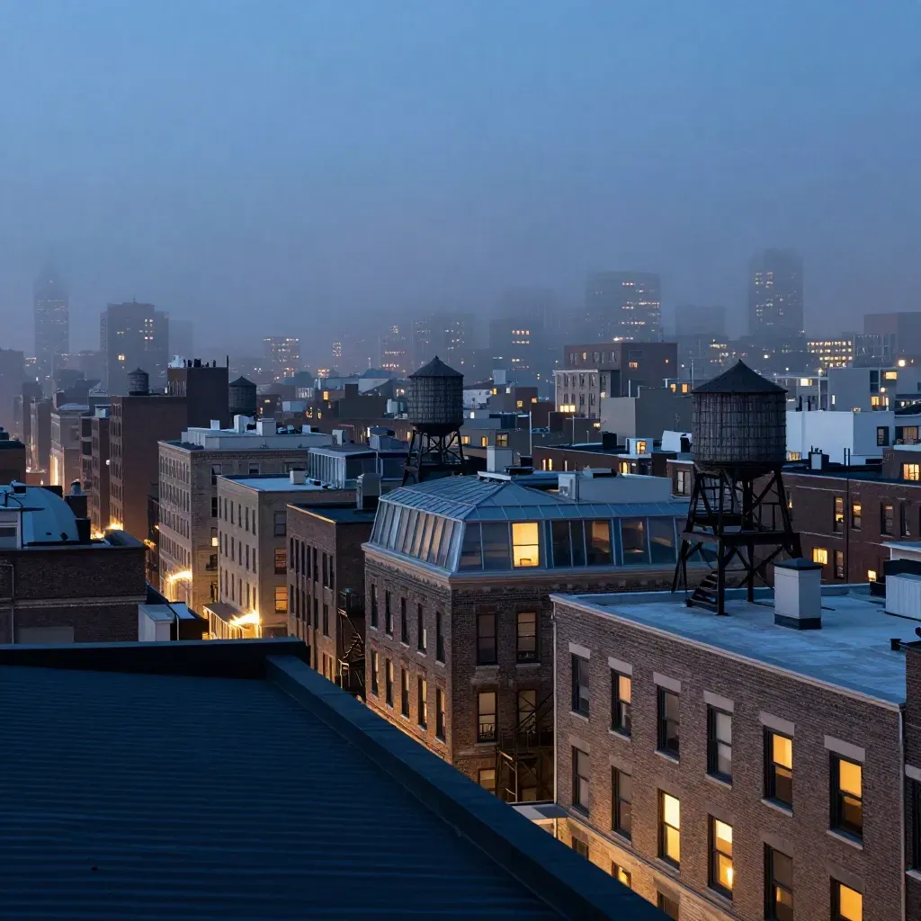 Blue-hour loft district skyline with glowing windows and misty rooftops.