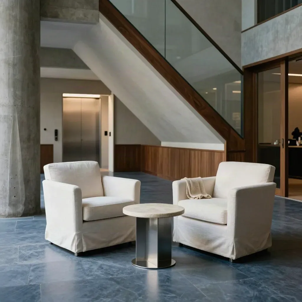 Quiet industrial lobby with twin armchairs, a side table, and a glowing corridor.