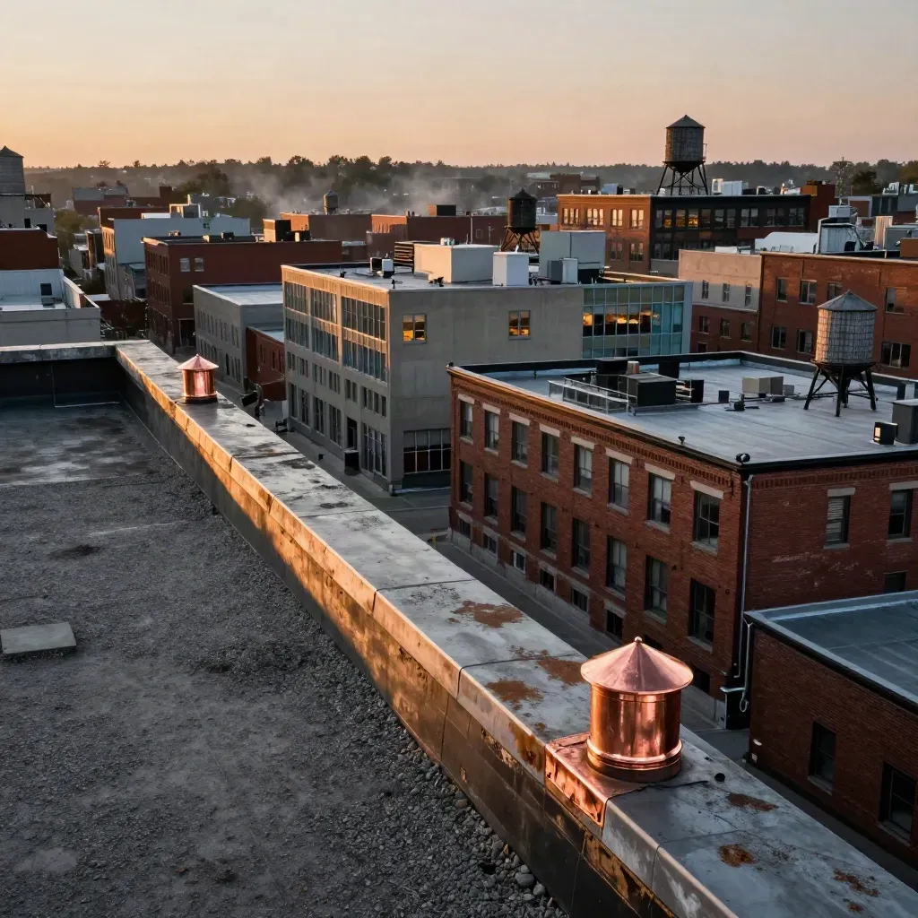 Sunset rooftop view of loft districts with brick, glass, water towers, and first city lights.