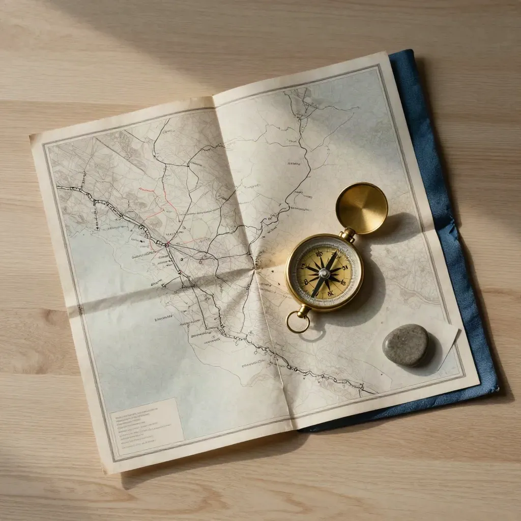 Overhead flatlay of a folded transit map, brass compass, stone weight, and slate-blue linen.