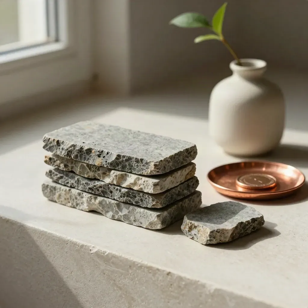 Stone sample chips, copper dish, and plant cutting on a pale plaster ledge.